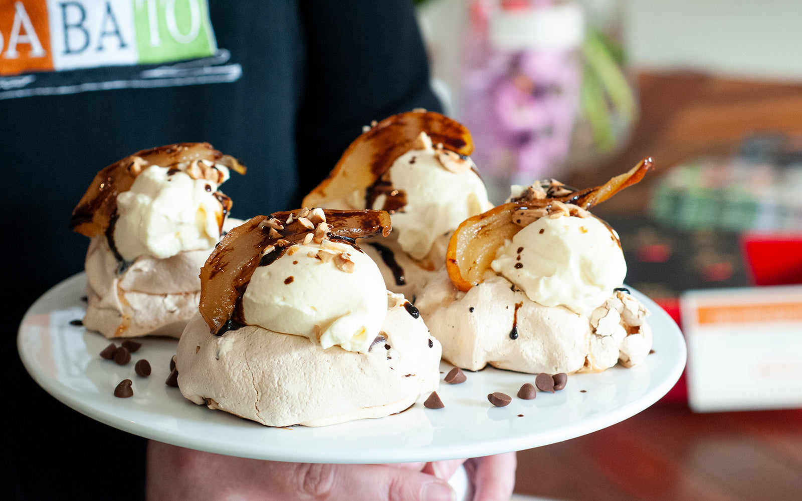 Chocolate, Hazelnut & Vincotto Pavlovas with Verjuice Roasted Pears