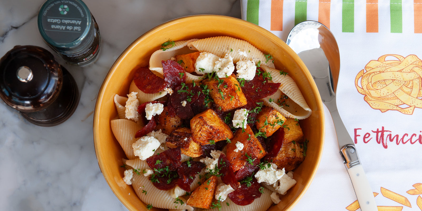 Conchiglioni with Pumpkin, Chorizo and Feta