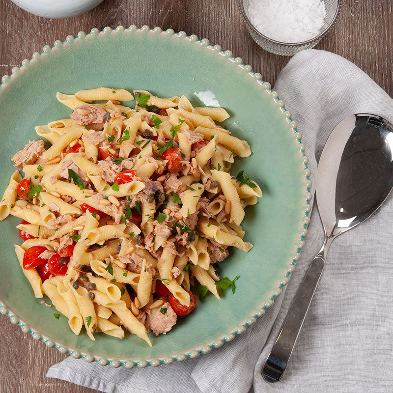 Garganelli Pasta with Tuna, Cherry Tomatoes & Pine Nuts