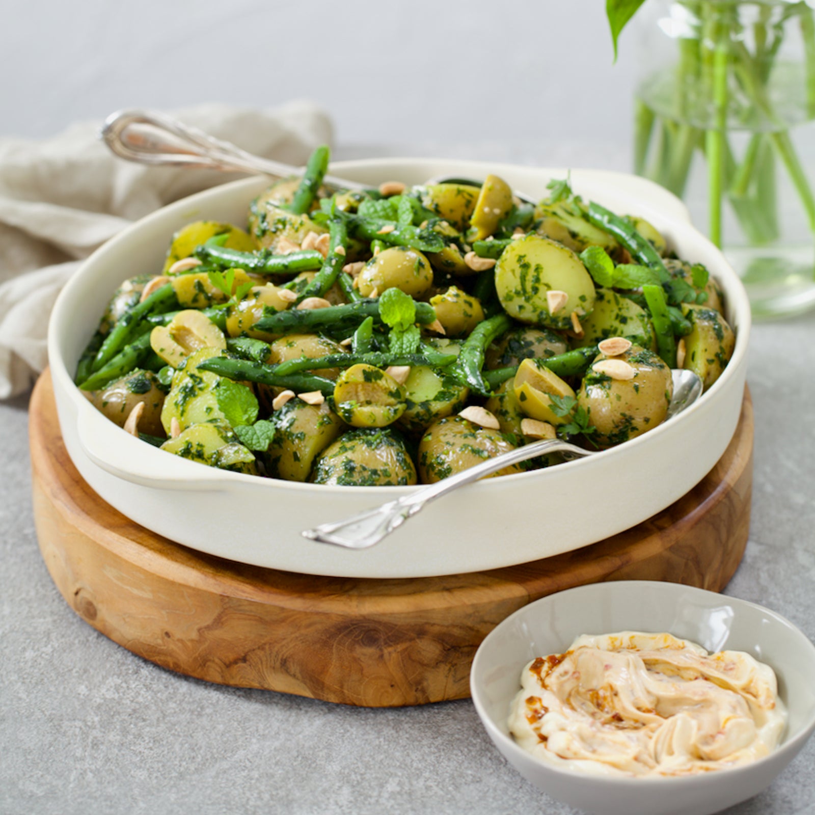 Olive, bean and potato salad with harissa mayonnaise