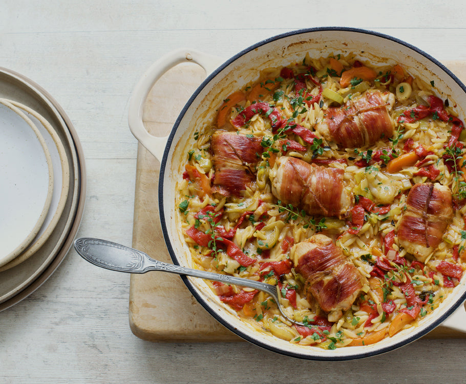 One-pan Chicken with Orzo & Pimentos