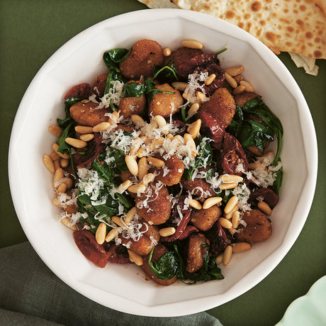 Pan-fried Tomato Gnocchi with Spinach, Tomatoes and Pine Nuts