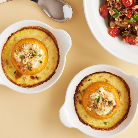 Twice-Baked Goat’s Cheese, Pumpkin and Polenta Soufflés