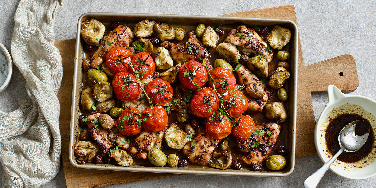 Sabato Recipe for Vincotto Chicken Traybake with Artichokes and Olives