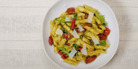 Pesto Garganelli with Grilled Chorizo, Rocket, and Sun-Dried Tomatoes
