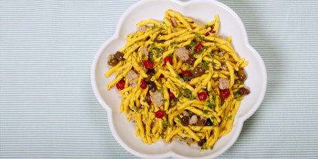 Lemon Fusilli with Tuna, Olives, and Red Pepper Drops