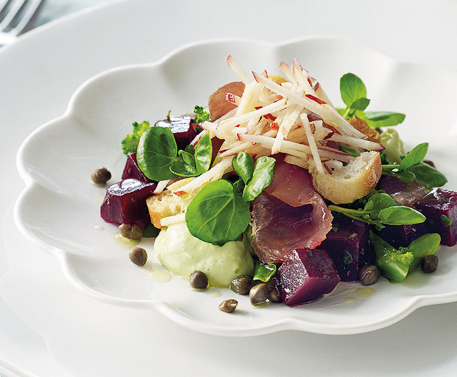 "Pancetta" Cured Kingfish, Beetroot & Broccolini