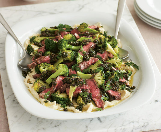 Rare Beef & Broccoli with Caper & Raisin Dressing & White Bean Purée