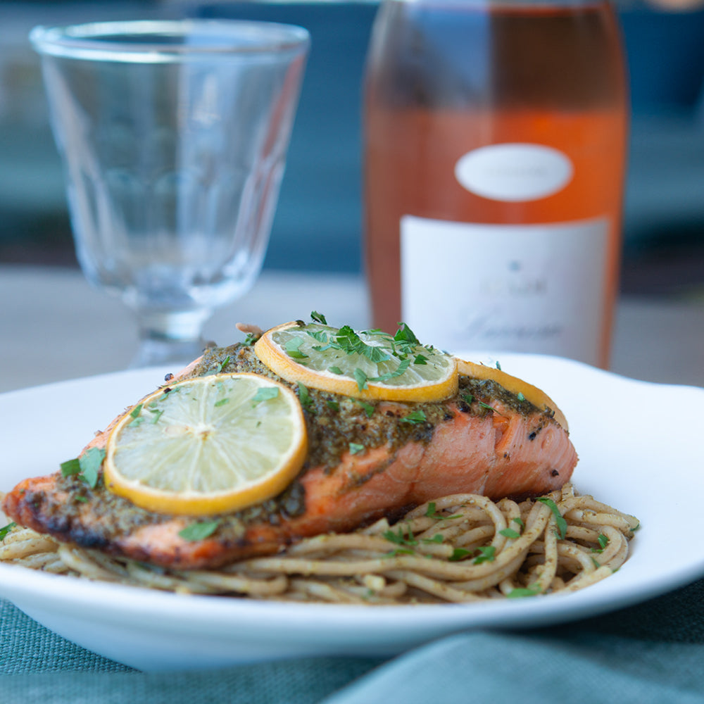 Salmon with Dill and Almond Pesto Spaghetti