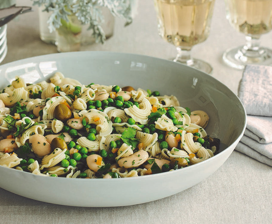 White Bean, Pea, Olive and Preserved Lemon Pasta