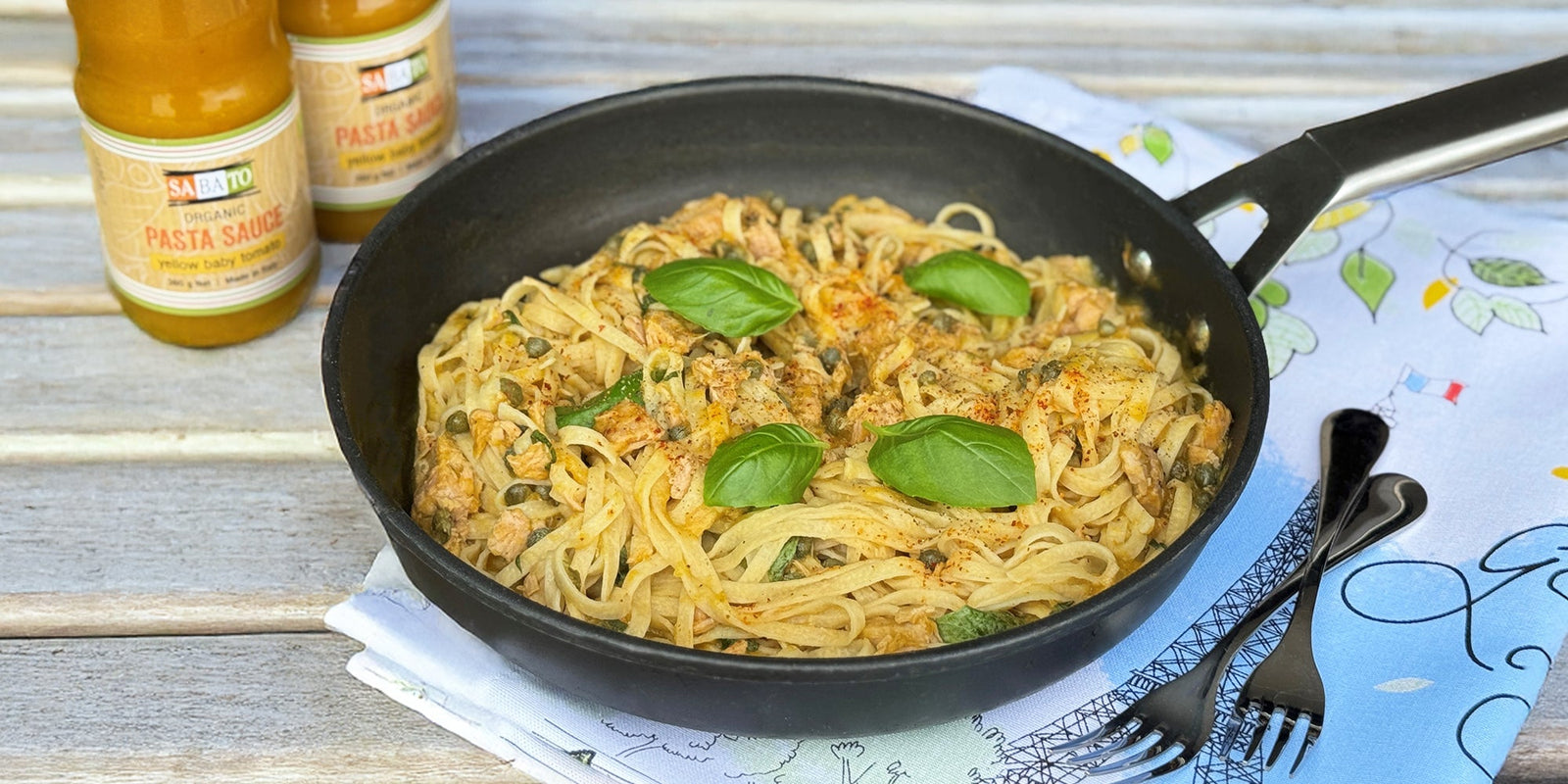 Tagliatelle with Yellow Baby Tomato Sauce, Tuna, and Capers