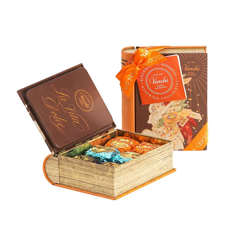 Venchi Vintage Mini Book Tin 119g ~ Brown & Orange | Italian Chocolate | New Zealand Delivery | Sabato Auckland